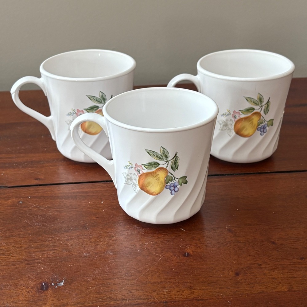 CorningWare Abundance Fruit Swirl Mugs Set of‎ 3 White Apple Pear Made in USA - Picture 2 of 6